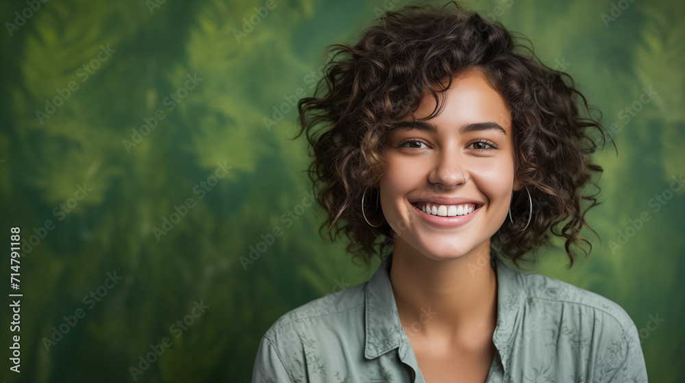 Portret studyjny młodej kobiety uśmiechniętej na zielonym tle z dużą ilością wolnego tła - obrazy, fototapety, plakaty 