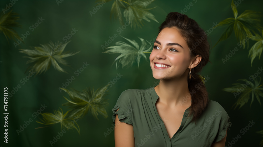 Portret studyjny młodej kobiety uśmiechniętej na zielonym tle z dużą ilością wolnego tła - obrazy, fototapety, plakaty 