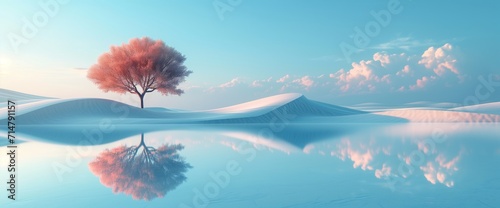 3d render Surreal dune landscape background with alone tree, abstract fantastic desert dune in seasoning landscape environment