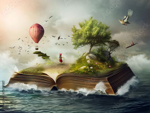 Concept of an open magic book; The imaginary world of a happy little child with a small house on a hill and beautiful nature. Lifestyle and education.