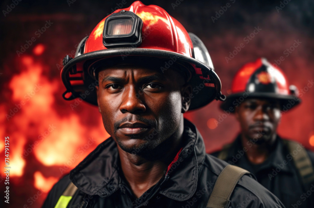 African American fireman face portrait. Black firefighter look at camera, blurred hot flame background. 911 news banner