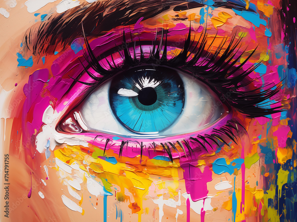 painting of an eye in bright colors in the style of palette knife impressionism