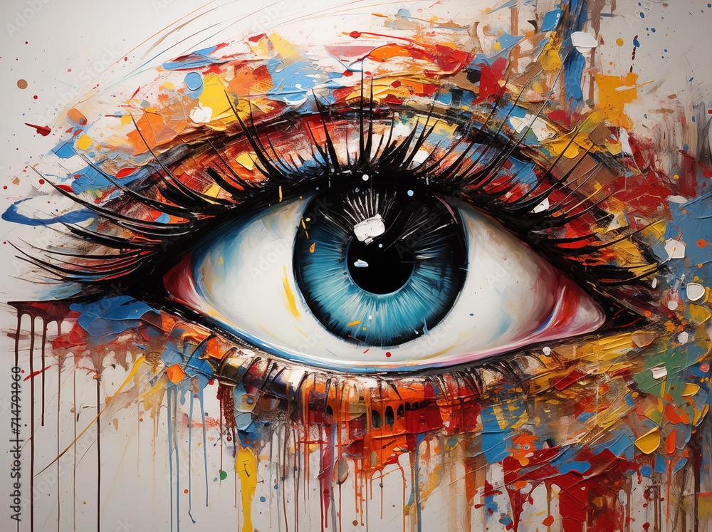 painting of an eye in bright colors in the style of palette knife impressionism