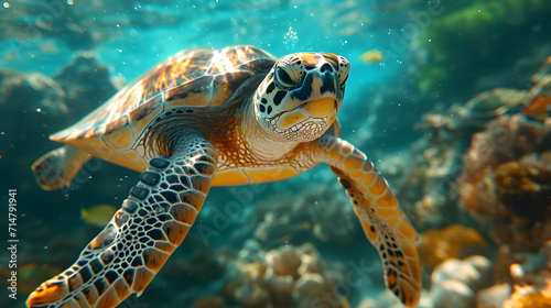 turtles swimming up in underwater
