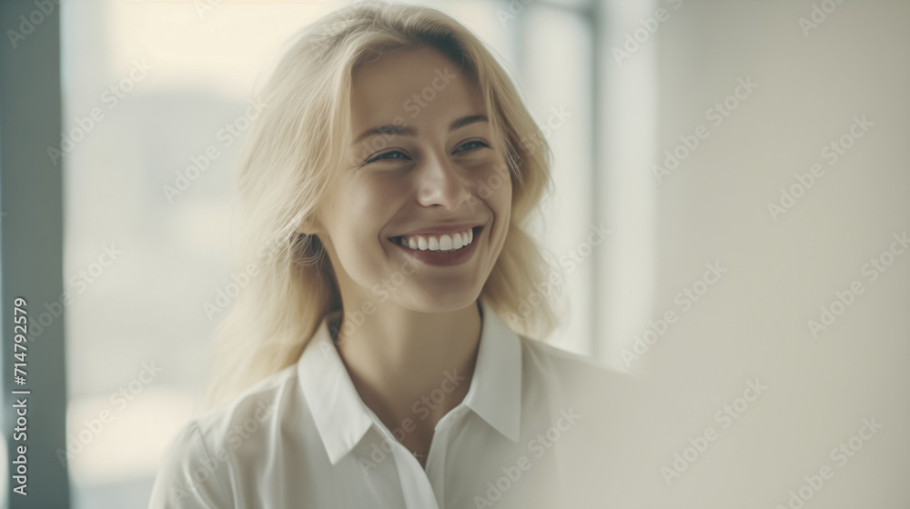 Bella donna con capelli biondi e camicia bianca sorride in ufficio Bella donna con capelli biondi e camicia bianca sorride in ufficio