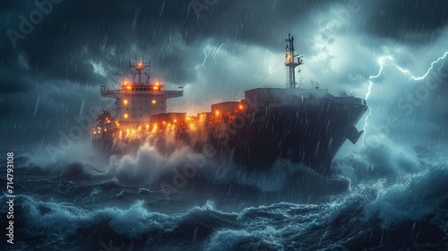 A dramatic image of a massive cargo vessel battling through a powerful storm at sea, demonstrating the dangers and challenges of maritime travel during a crisis.