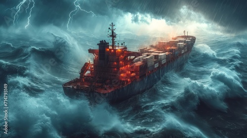 A monumental container ship bravely faces a formidable ocean tempest, as towering waves and dark storm clouds create an epic and dramatic encounter at sea.