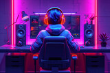 gamer in headphones plays at the computer, neon background