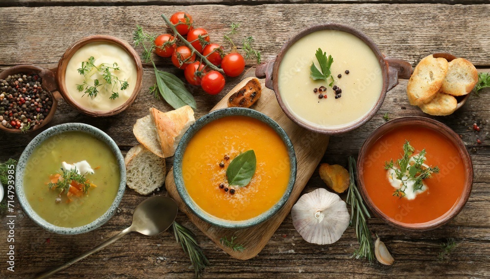 Soulful Broths: A Flat Lay Feast of Creamy Soup Delights on Vintage Wood Soulful Broths: A Flat Lay Feast of Creamy Soup Delights on Vintage Wood