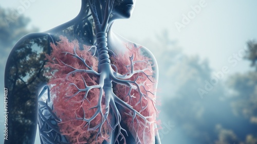 Illustrate the respiratory system in a 3D model, emphasizing the affected area targeted for biopsy in lung cancer diagnosis