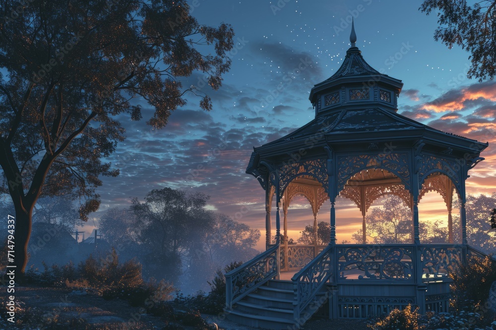 Serene twilight gazebos, offering peaceful refuge in the hour between day and night - Generative AI Serene twilight gazebos, offering peaceful refuge in the hour between day and night - Generative AI