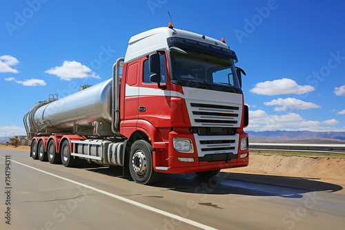 A large semi truck transporting tank of fuel driving down a road.