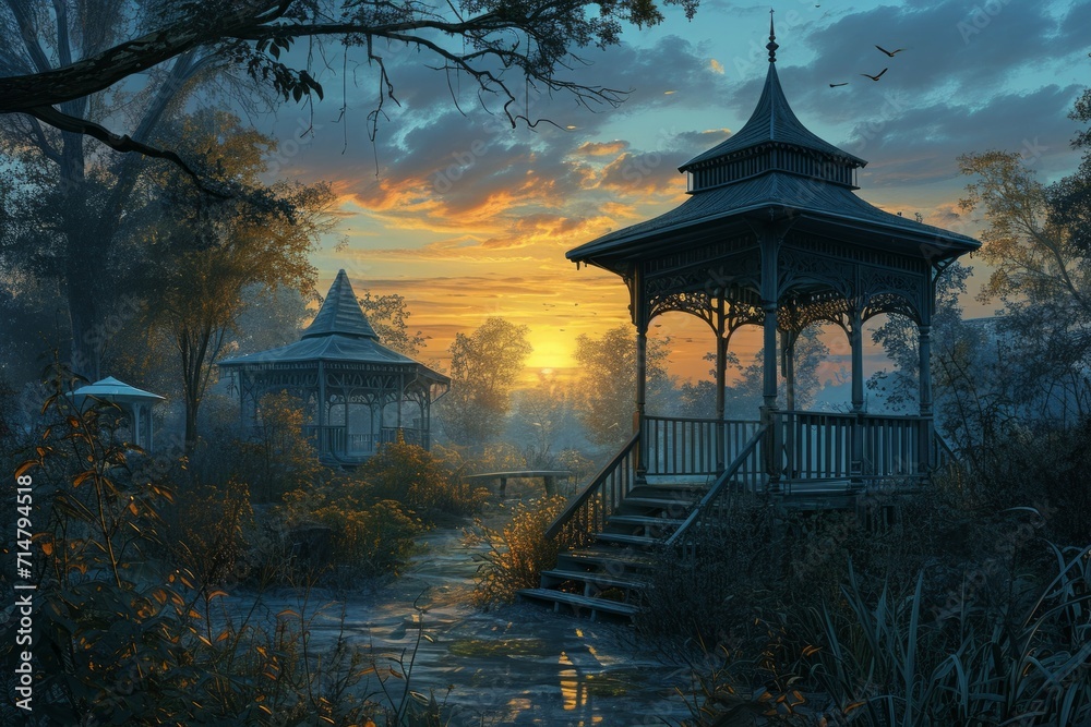 Obraz premium Serene twilight gazebos, offering peaceful refuge in the hour between day and night - Generative AI