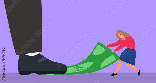 big foot step on money banknote wich pulling a businesswoman vector illustration