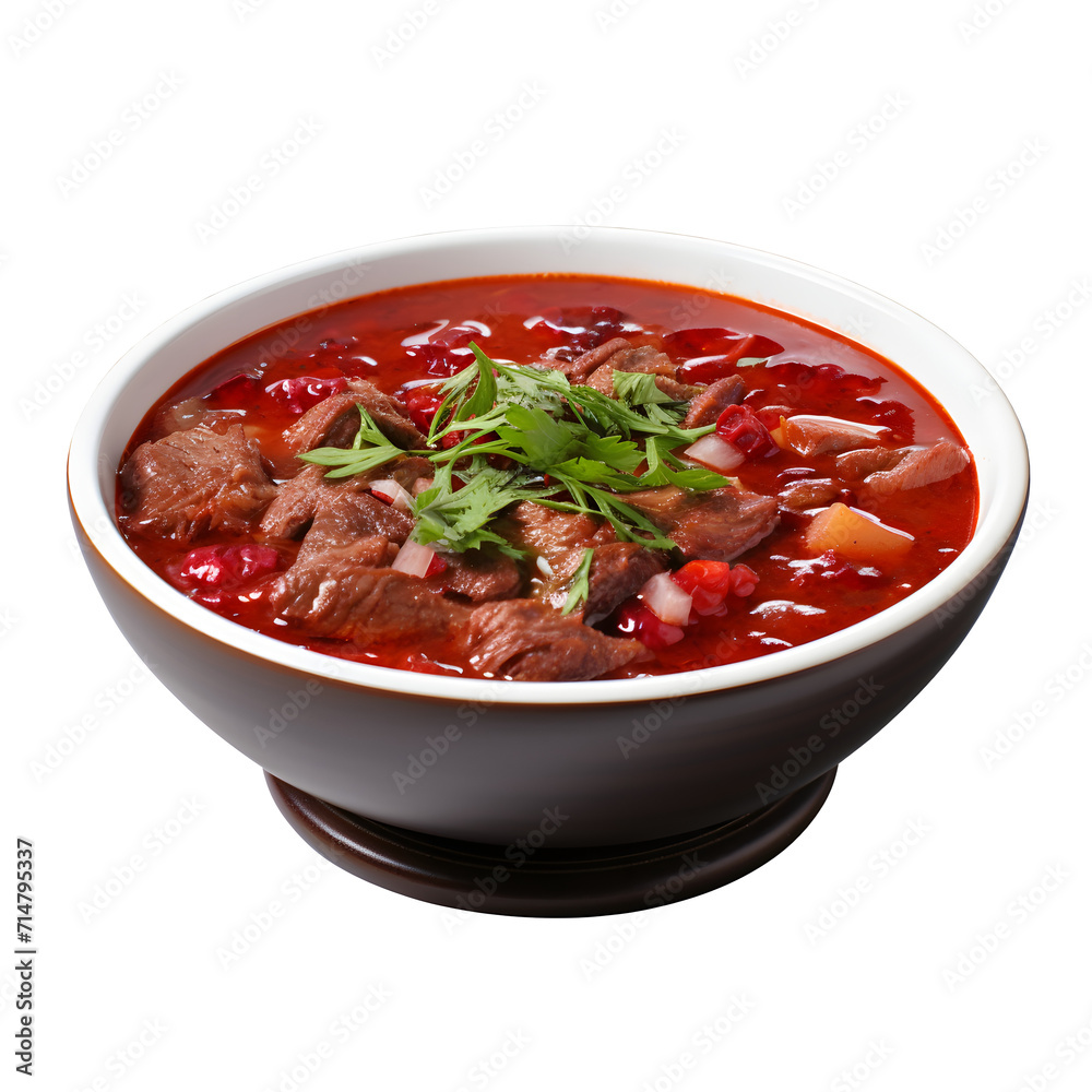 Bowl of borscht isolated on png background.. Sour soup with beetroots, cabbage and beef. Traditional Russian and Ukrainian dish. 