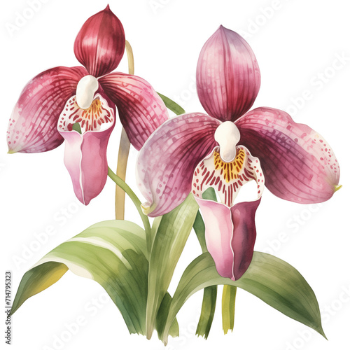 Two Watercolor Orchid flowers. Burgundy floral arrangement botanical illustration isolated. Blossom flower design.
