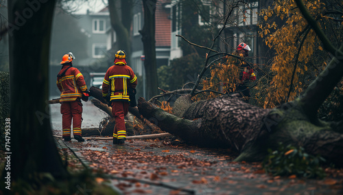 Firefighters removing a fallen tree, storm damages