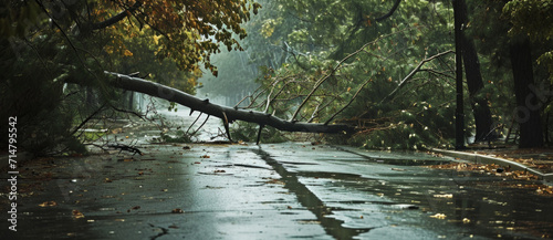 Aftermath of a tempest  a fallen tree sprawls across a wet road  leaves scattered   a silent  powerful testament to nature s force