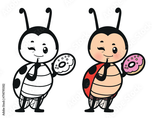 Cute cartoon ladybug with tasty donut outlined for coloring page on white background