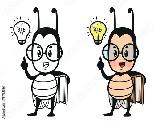 Cute cartoon ladybug with book tell of idea color and outlined for coloring page on white background