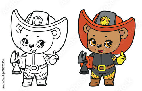 Cute cartoon baby bear dressed as a firefighter with a fire extinguisher in its paws color and outlined for coloring page on white background