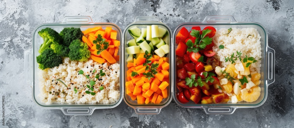 Vegetarian meal containers with rice, veggies, and fruits. Lunch box dinner. Overhead view. Vegetarian meal containers with rice, veggies, and fruits. Lunch box dinner. Overhead view.
