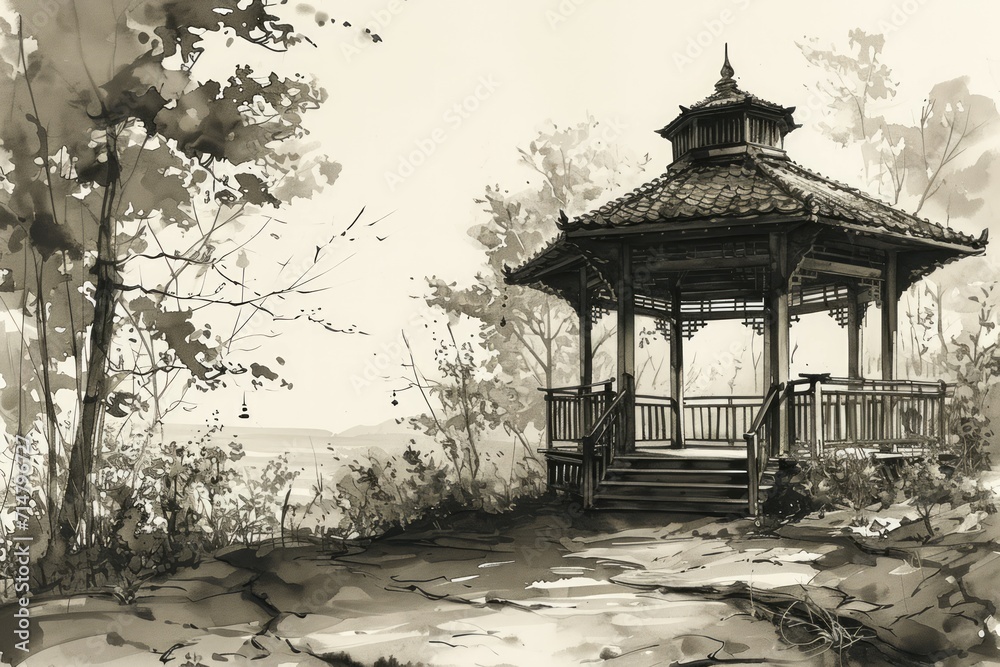 Fototapeta premium Serene twilight gazebos, offering peaceful refuge in the hour between day and night - Generative AI