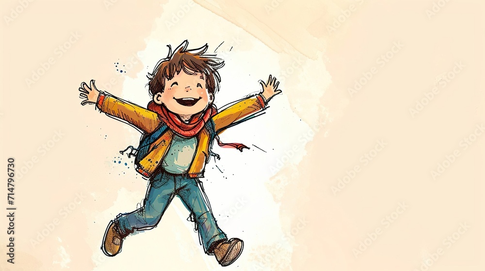 Obraz premium Cute, happy boy. Ink sketch style illustration in color, copy space