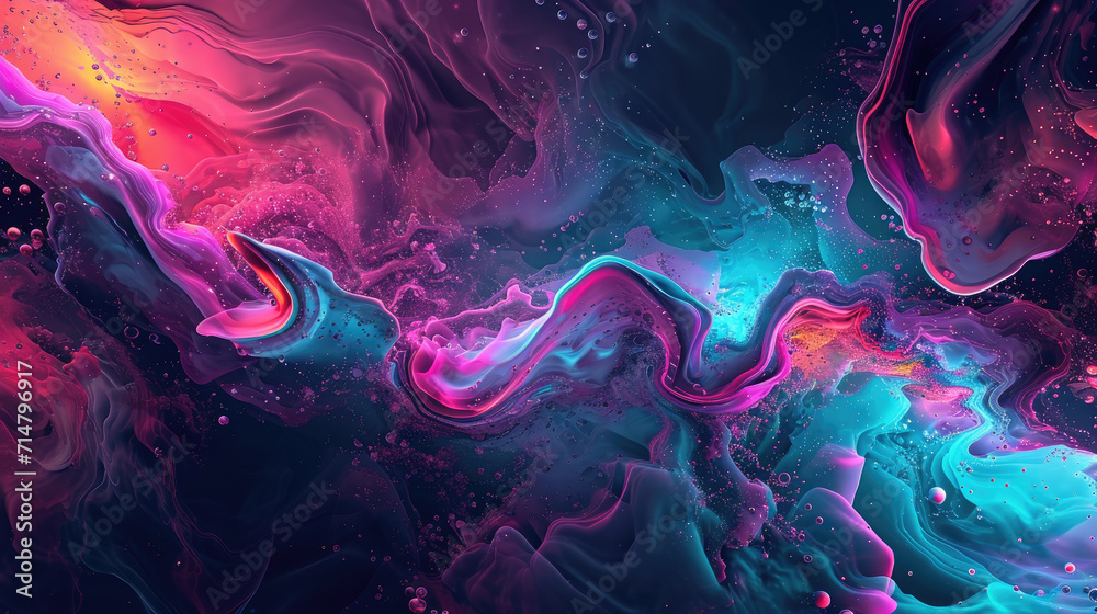 Fluid background with glowing plasma-like shapes in intense neon colors on a dark background