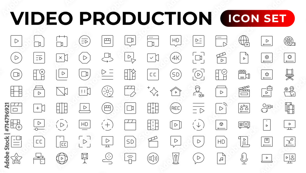Video icon set. Containing camera, play, pause, media, online video, live, production, player, movie and cinema icons.Outline icon set. - obrazy, fototapety, plakaty 