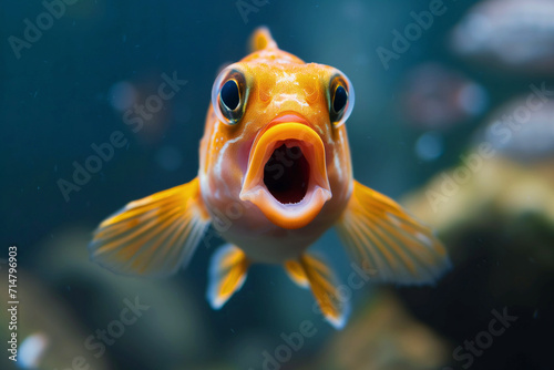 The image is of a fish with a face, likely underwater. The fish appears to be a marine organism and may be found in an aquarium or coral reef. photo