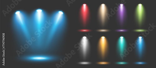 A set of blue and colored luminous transparent lighting effects on a dark gray background. An illuminated stage, a collection of spotlights. Studio lighting. Vector EPS 10.