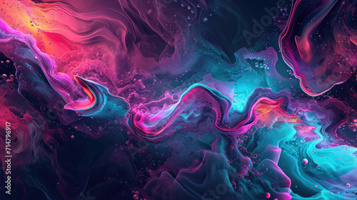 Fluid background with glowing plasma-like shapes in intense neon colors on a dark background © boxstock production
