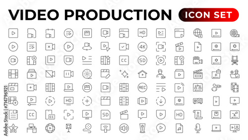 Video icon set. Containing camera, play, pause, media, online video, live, production, player, movie and cinema icons.Outline icon set.