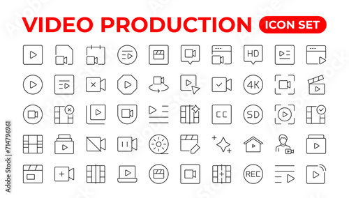 Video icon set. Containing camera, play, pause, media, online video, live, production, player, movie and cinema icons.Outline icon set.