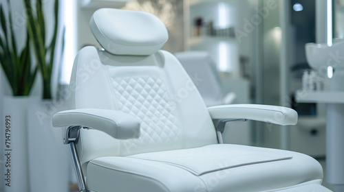 Interior of a cosmetology office, close-up on a chair. Modern white chair for cosmetology procedure