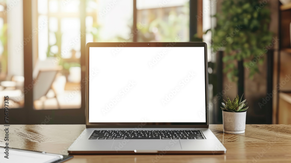 Laptop with blank white screen on the desk, mock up. Personal laptop computer on wood table in living room with modern interior Laptop with blank white screen on the desk, mock up. Personal laptop computer on wood table in living room with modern interior