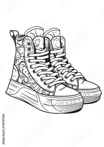 Sport shoe sneakers. Vector lineal illustration on the white background. Coloring page for adults and kids