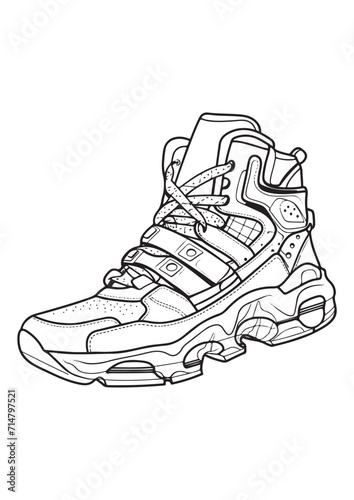 Sport shoe sneakers. Vector lineal illustration on the white background. Coloring page for adults and kids