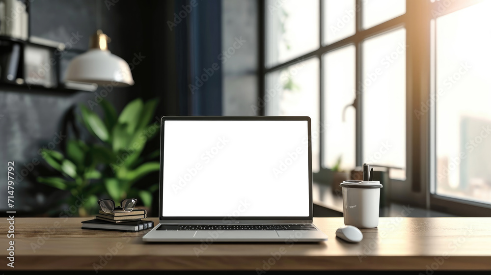 Laptop with blank white screen on the desk, mock up. Personal laptop computer on wood table in living room with modern interior Laptop with blank white screen on the desk, mock up. Personal laptop computer on wood table in living room with modern interior