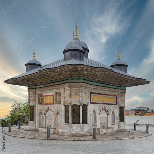 Fountain of Sultan Ahmed III  aka Ahmet Cesmesi  a 17th century public Turkish rococo water fountain  or Sabil  located in the Great Square  near the Imperial Gate of Topkapi Palace  Istanbul  Turkey