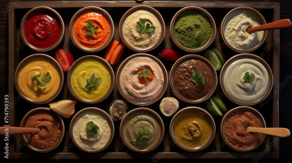 A tray of assorted Middle Eastern dips, such as baba ghanoush and muhammara, a tasty addition to any Ramadan gathering A tray of assorted Middle Eastern dips, such as baba ghanoush and muhammara, a tasty addition to any Ramadan gathering