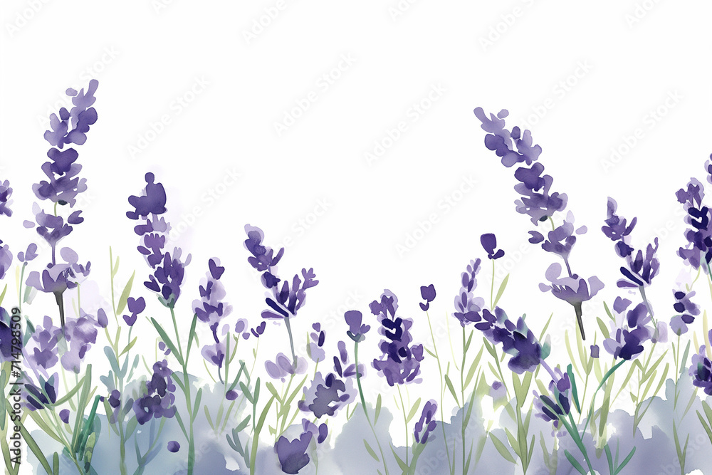 Obraz premium ラベンダーの水彩イラスト、手書き、花畑