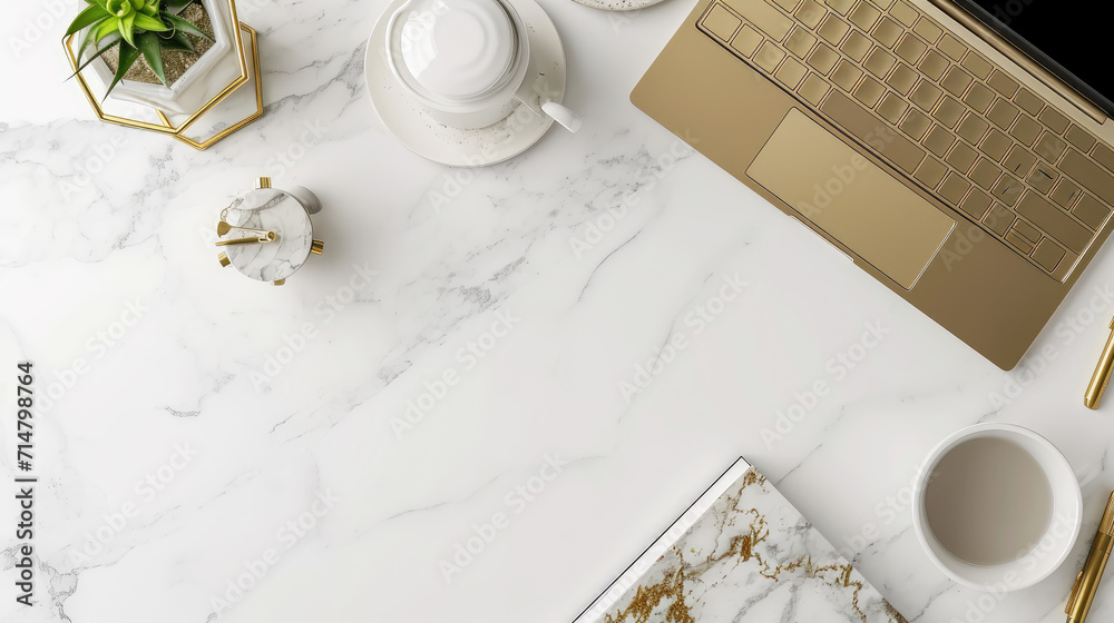 Mock up of woman workplace on light background. Business office desk with gold colors. Modern design. Minimal style Mock up of woman workplace on light background. Business office desk with gold colors. Modern design. Minimal style