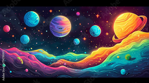 Colorful happy space doodles. Digital drawings of space with planets, star and astroids. photo