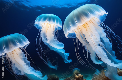 Three jellyfish swims in ocean. Beautiful sea life