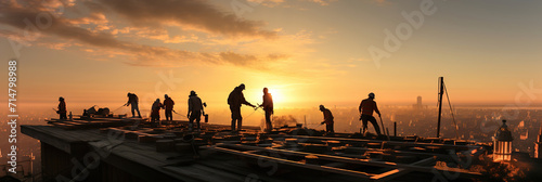 A group of people working on top of a house roof and placing tiles. Sunset backlight. People silhouettes.