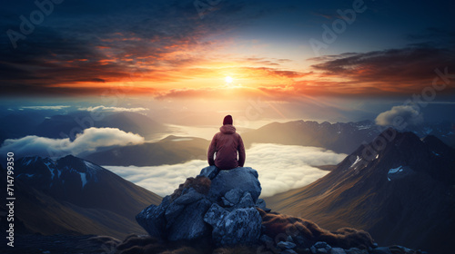 A man gazes at a majestic mountain view, captivated by the breathtaking scenery. The image reflects the awe-inspiring connection between humanity and the beauty of nature.