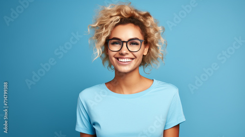 Attractive blonde woman isolated on blue background photo