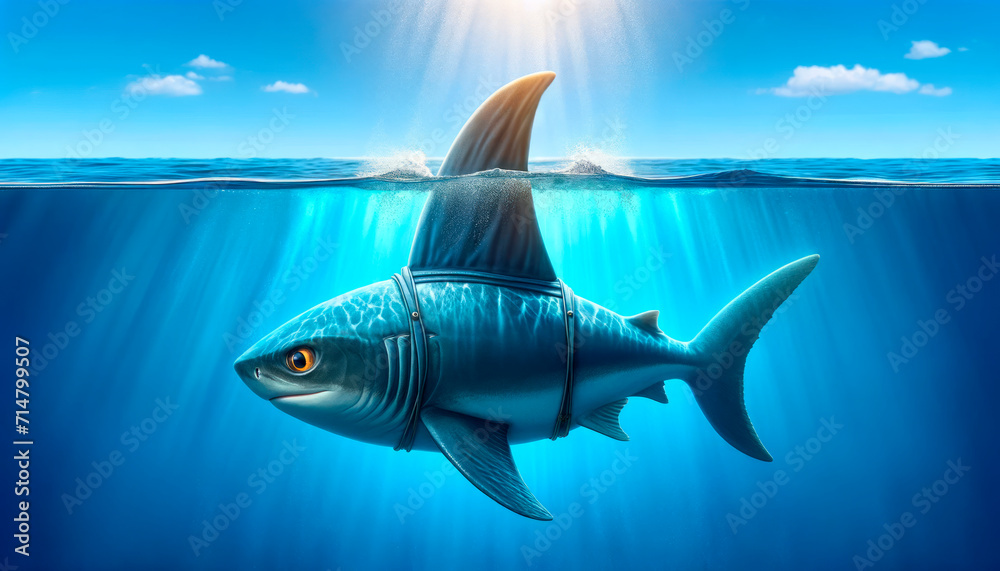 Obraz premium Fantasy blue fish with shark fin gliding under ocean waves, whimsical scene. Generative AI